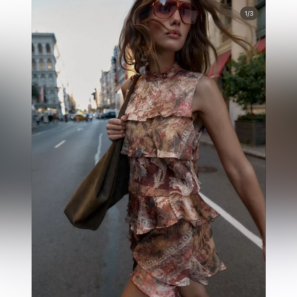 Zara Dresses & Skirts - Zara Brown and Cream Patterned Mini Dress